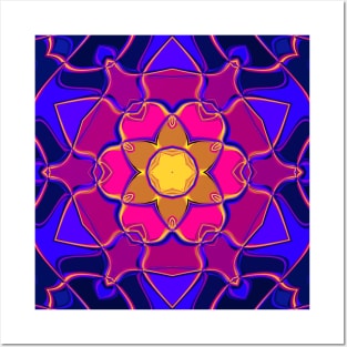 Cartoon Mandala Flower Yellow Pink and Blue Posters and Art